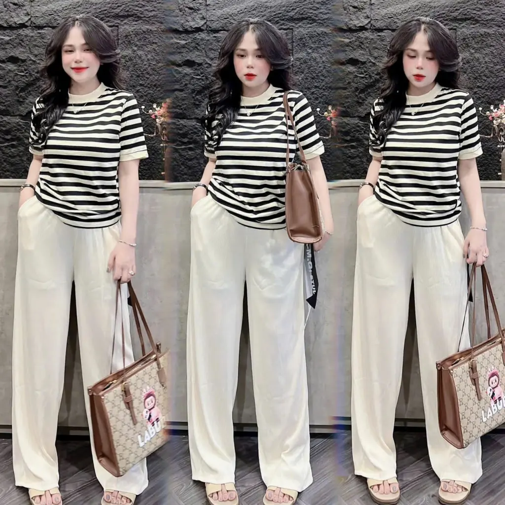 Set đồ nữ áo thun ngắn tay sọc ngang mix quần suông ống rộng chất thun dáng basic