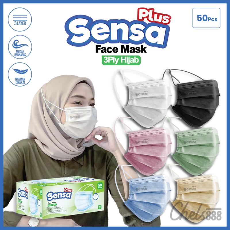 Masker Hijab Sensa Plus Full Colour 3 ply isi 50 pcs - Shop | Tokopedia