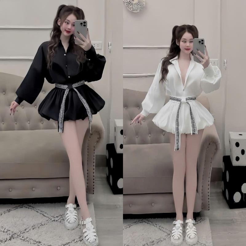  Set sơ mi tay dài phối với chân váy bí phồng thiết kế dây eo phối ren màu trơn chất kate sành điệu trẻ trung cho nữ 