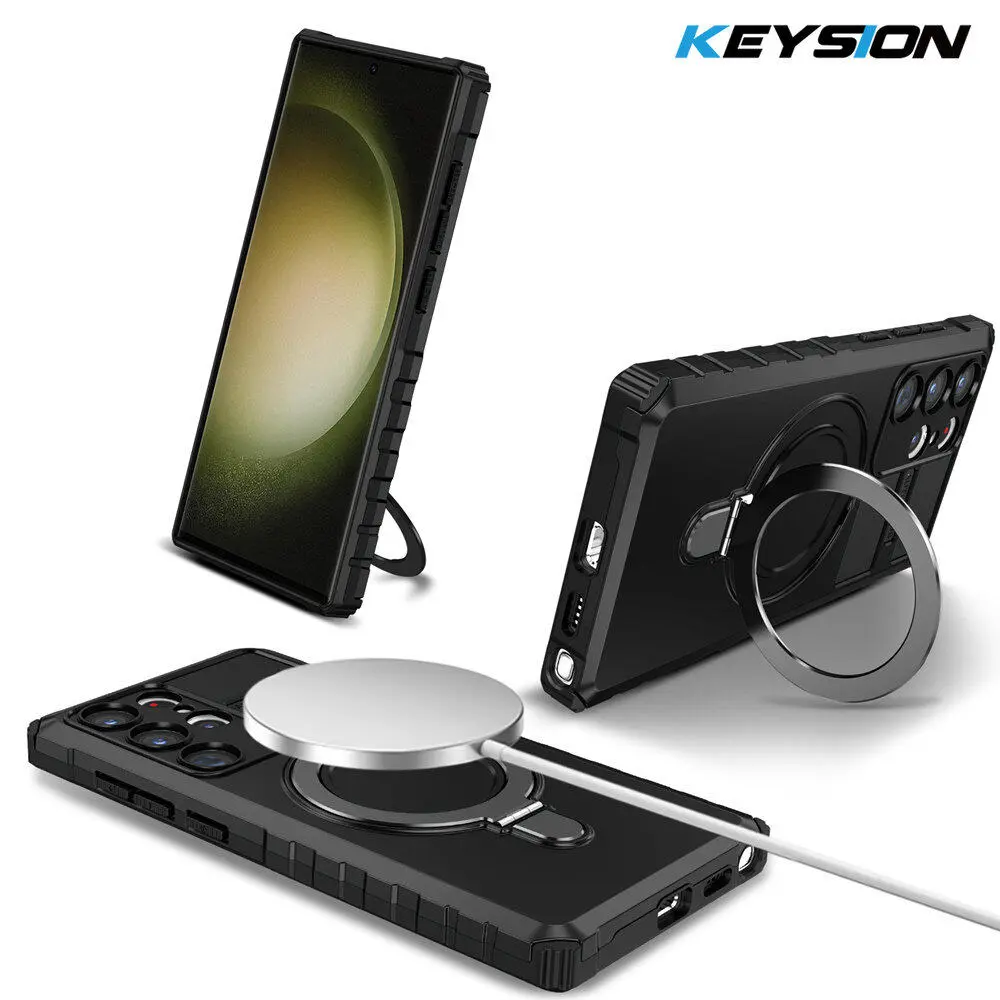 KEYSION Shockproof Armor Case for Mag-Safe for Samsung S24 Ultra 5G S24+ Ring Stand Phone Cover for Galaxy S23 Ultra S23 FE