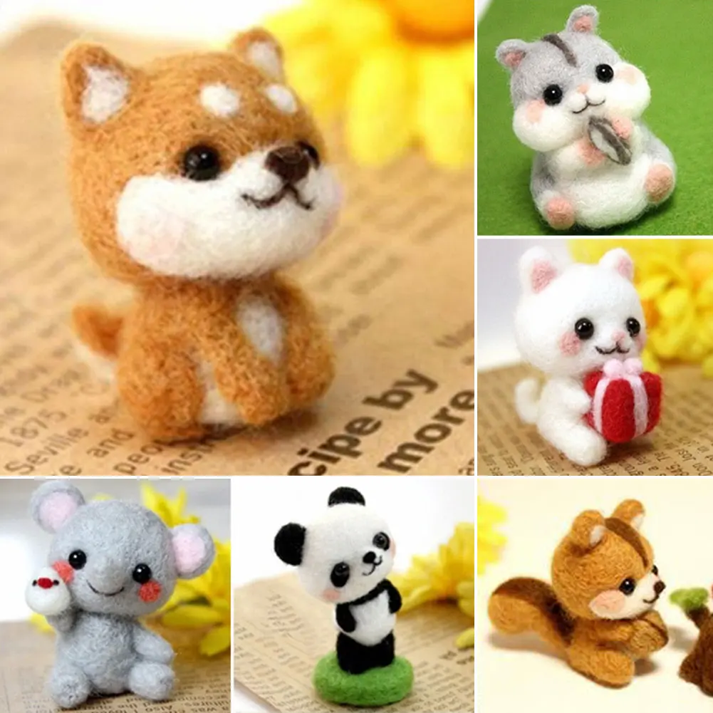 Non-Finished Felt Kit Cute Animal Collection Panda Squirrel Cat Turtle Doll Wool Felt Poked Kitting DIY Felting Materials #442616