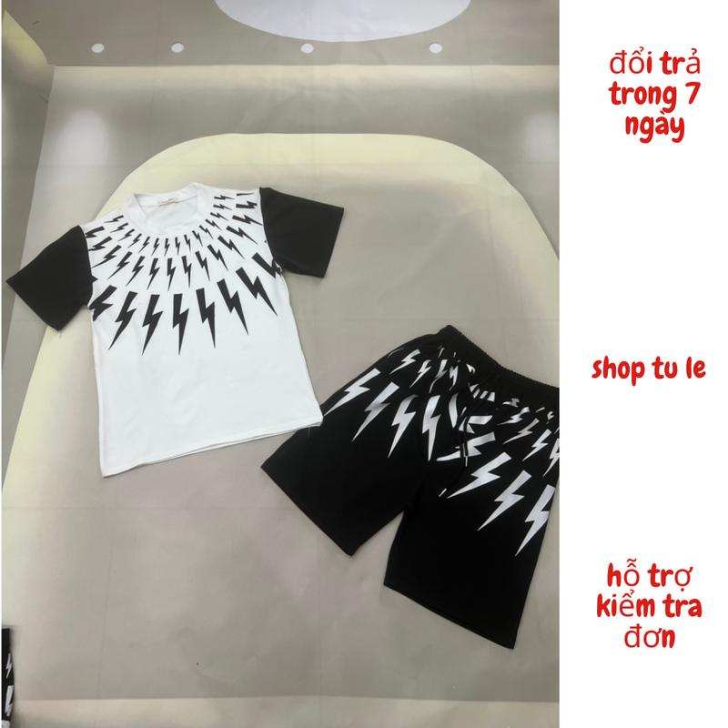 bộ Đồ nam tia sét phối hai màu Đen trắng bộ sấm có thể giặt máy 【 áo thun đơn 801 trắng set nam Menswear Polo