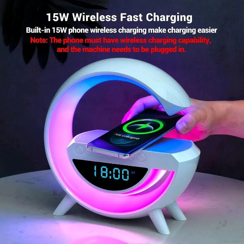 Speaker Bluetooth Lampu Multifungsi Ambient Seven Colour Light Pengisi Daya Nirkabel 15W + Jam Meja Alarm Digital 3