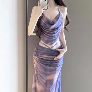 Set 3 Potong Baju Renang Tie Dye Leher Gantung Bertali Rok Panjang Baju Renang Wanita Bikini Seksi Terpisah | [SIAMTREE]