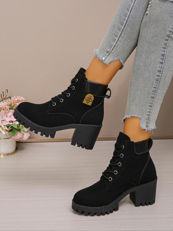 Women's Fashionable Solid Color Lace Up Ankle Boots, Casual Comfortable Round Toe Boots for Daily Wear, Female All-match Shoes for Spring & Fall 1