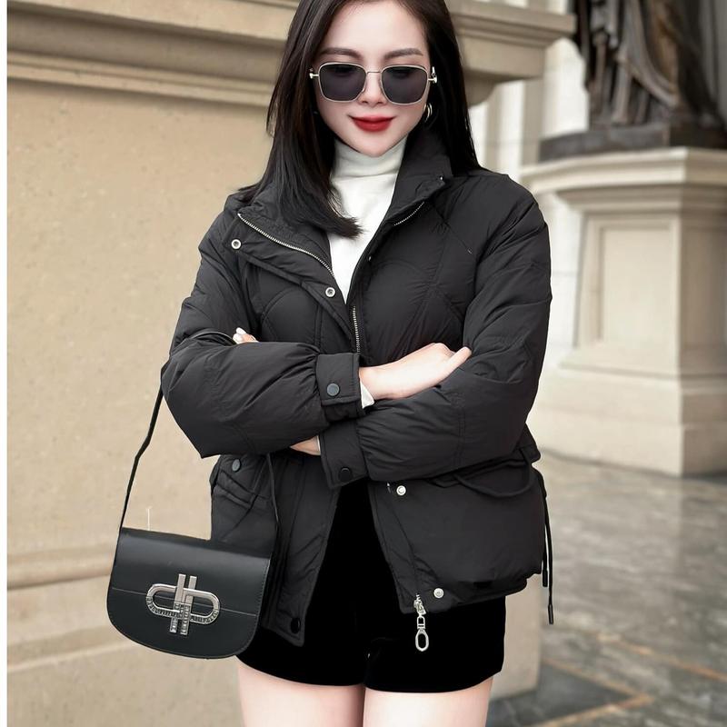 Áo phao nữ chần bông thiết kế dây rút không cổ 3 màu Đen, Đỏ, Nâu đủ size 45kg - 65kg, Áo khoác nữ mùa đông ấm áp form ôm bo gấu 3