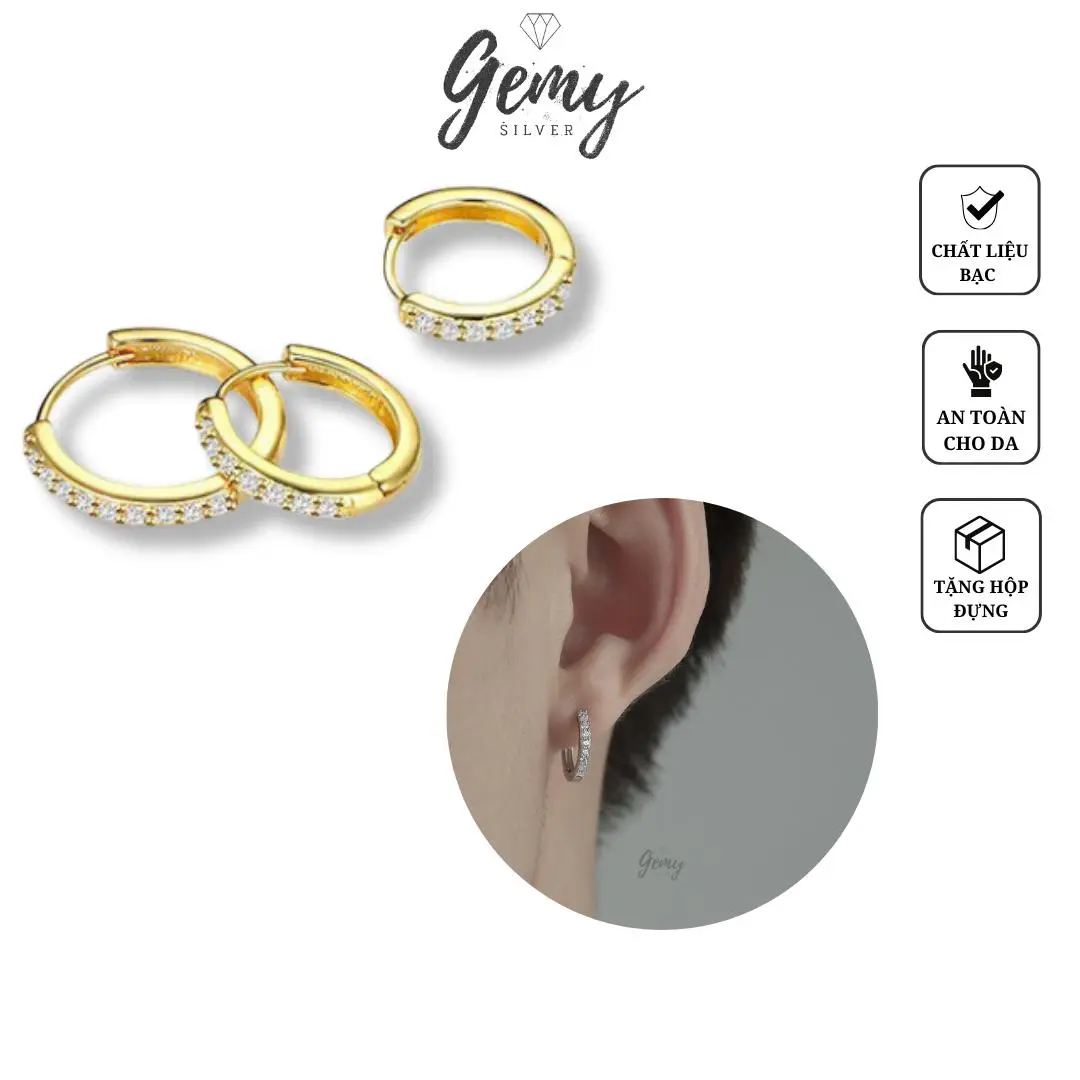 Khuyên tai tròn nam bạc 925 đính đá nhiều size màu bạc mạ vàng Egan (1 chiếc) | GEMY SILVER KN82