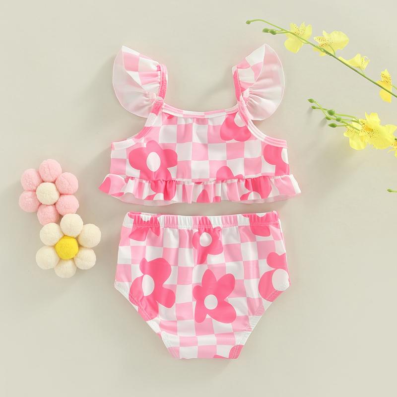 Product Introduction of Toddler Kid Baby Girls Bikini Set, Plaid Flower Print Fly Sleeve Camisole with Briefs Bathing Swimsuit for Summer Beach Playsuit 6 9 12 18 24 Months 2-3 Years Old Kid 39