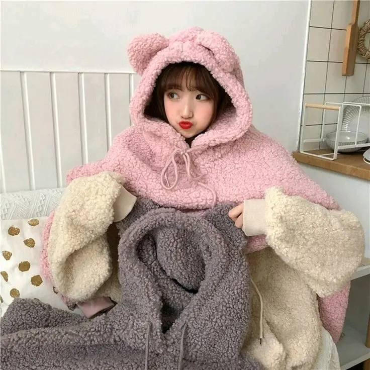 HOODIE CROP BEAR GEMOY SHERPA TELINGA BERUANG BAHAN BULU HALUS LEMBUT KOREA CUTE