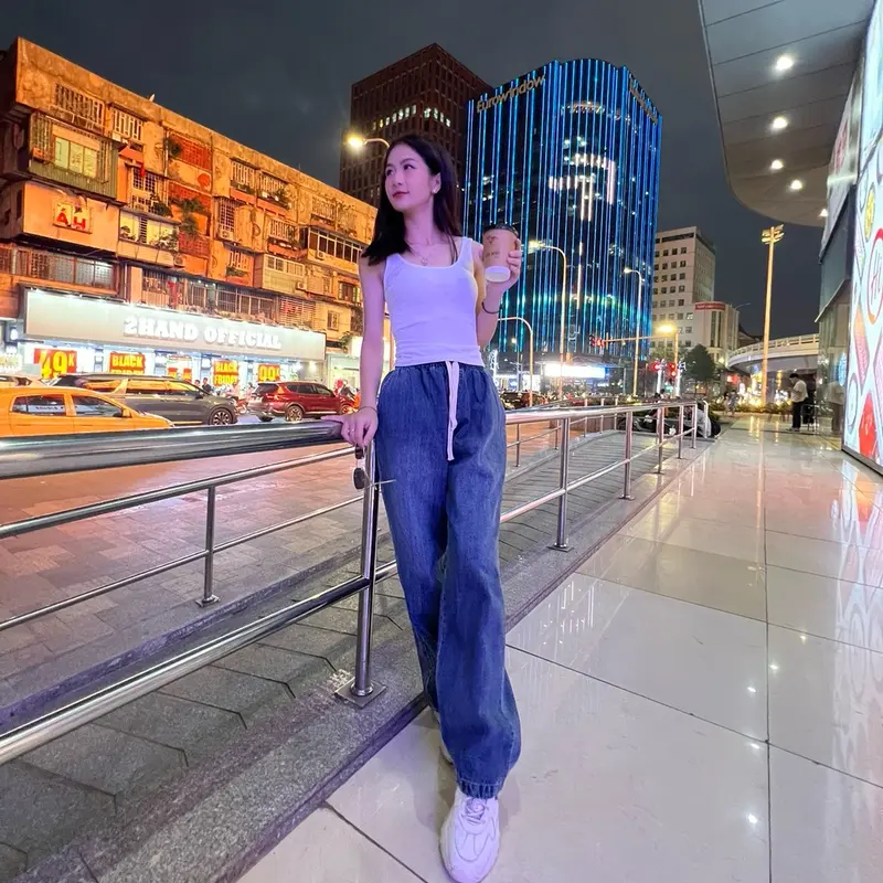 Quần Jeans Nữ Lưng Chun ống Suông Dây Rút Màu Dơ Free Size Dưới 65kg Tua Rua Ong Pants Women - Xưởng may Mỹ Nhung quan  jean qc 1