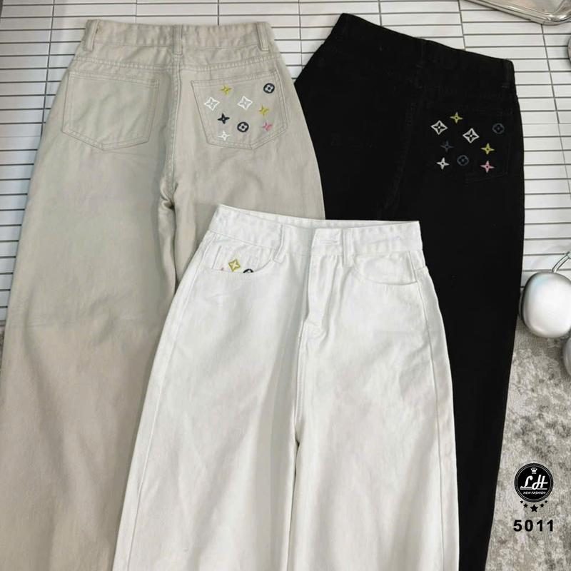 Quần jeans nữ ống rộng màu trắng đen be cạp cao thêu hoạt tiếc sau túi đặc trưng Lê Huy Fashion MS 5011