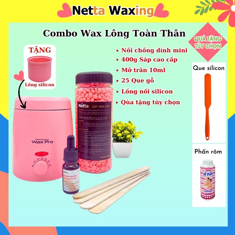 Combo Nồi nấu sáp wax mini chống dính + 400g sáp wax lông +Mỡ trăn 10ml + 25 Que gỗ Waxing