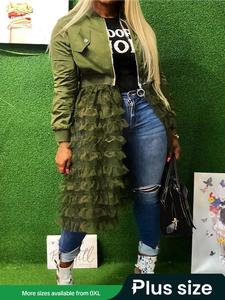 【Plus Size】 Contrast Mesh Ruffle Zip Up Jacket, Casual Long Sleeve Stand Collar Tiered Layer Outerwear for Spring & Autumn, Women's Clothes for Daily Wear, Coat