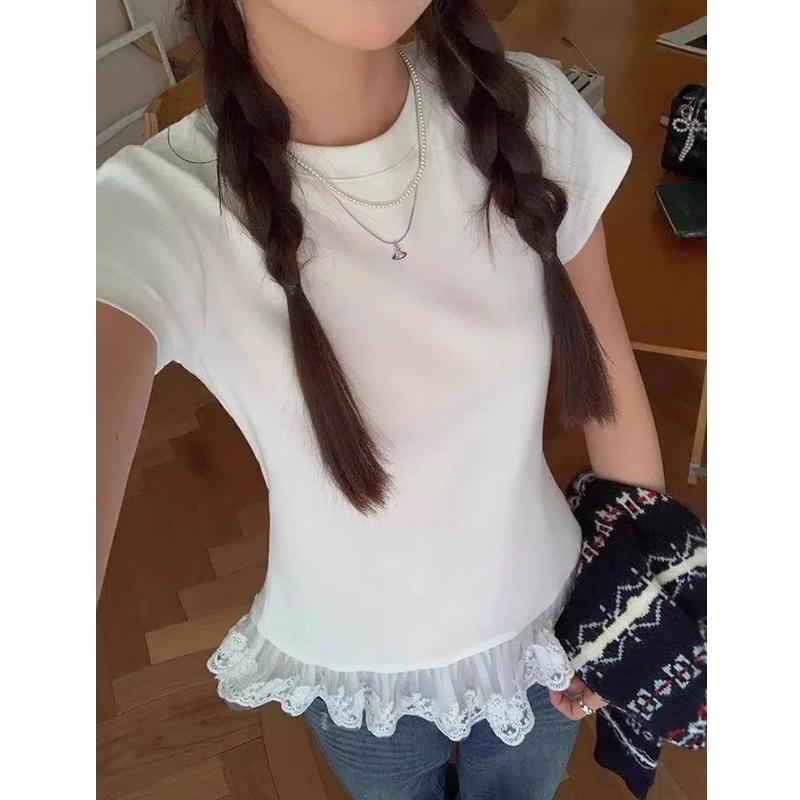 kaos polos slim lengan pendek renda atasan wanita kekinian soft cotton musim panas korean style kaos polos slim lengan pendek renda atasan wanita kekinian soft cotton musim panas korean style