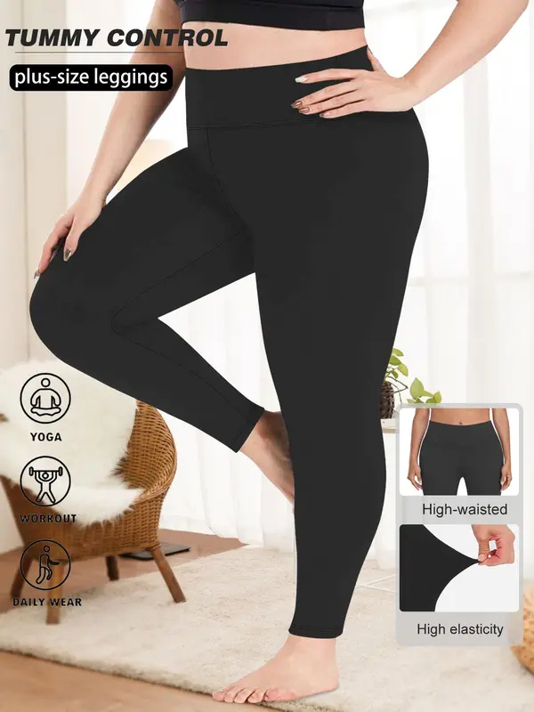 【Plus Size】 Solid High Waist Leggings, Casual Comfy Breathable Skinny Pants for Daily Wear, Women's Bottoms for All Seasons 8