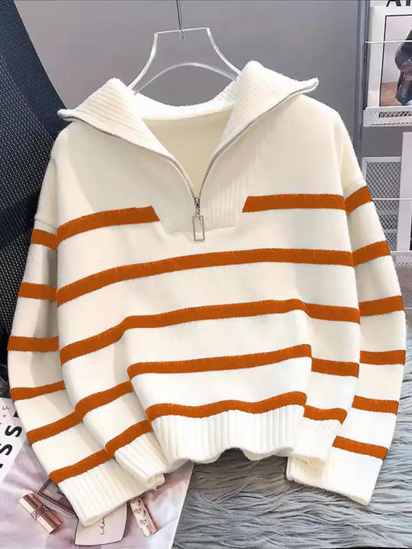 Women's Striped Print Zipper Drop Shoulder Sweater, Casual Pastel Long Sleeve Collared Mam Jumper Striped Sweater for Daily Wear, Women's Knitwear Top for Fall & Winter, Go Out Tops, Trending Clothing Women 8