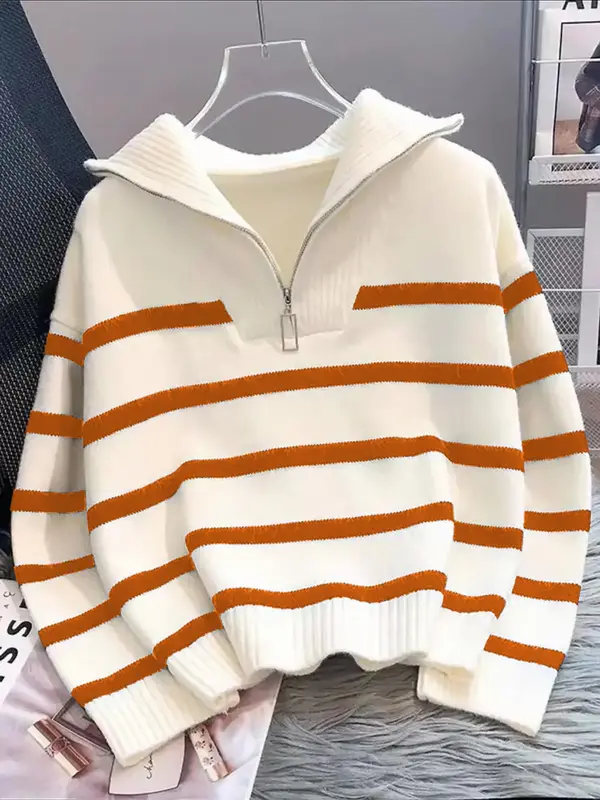 Women's Striped Print Zipper Drop Shoulder Sweater, Casual Pastel Long Sleeve Collared Mam Jumper Striped Sweater for Daily Wear, Women's Knitwear Top for Fall & Winter, Go Out Tops, Trending Clothing Women 6