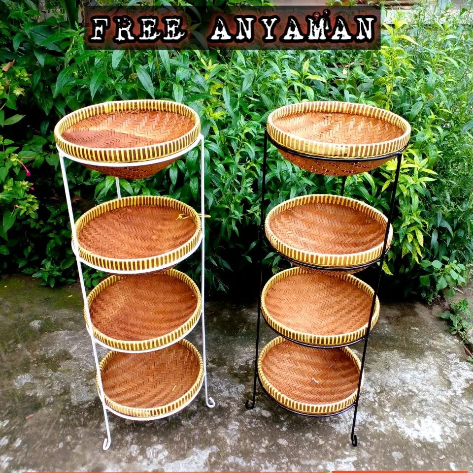 Rak Bawang Susun 4 / Rak Bumbu Dapur Dari Besi Dan Anyaman Bunga Putih