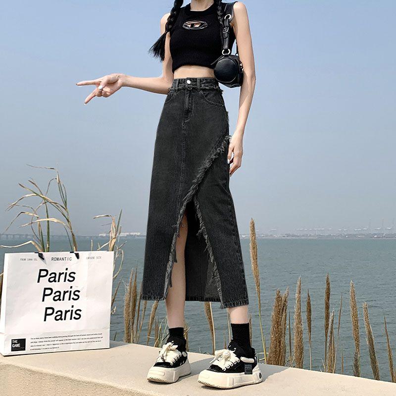 Split Denim Skirt Women's Summer New A- line High Waist Slimming Mid-Length Frayed Hot Girl Hip Skirt 8