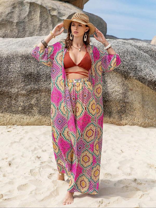 Two-Piece Set Women's Boho Summer Sets, Summer Clothes for Women, Co Ord Set Summer, Ethnic Pattern Kimono & Wide Leg Pants, Summer Outfits 2024, Open Front Top with Palazzo Pants, Two Piece Set Clothing 2