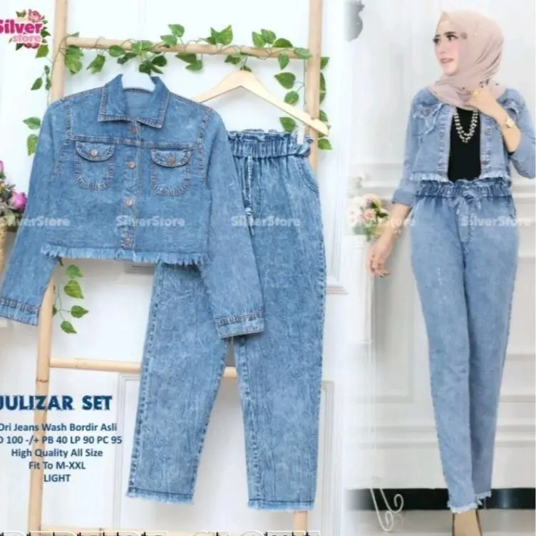 Setelan Julizar Baju Wanita  Variasi (XL, XXL, XXXL) Baggy Celana Crop Jaket Jeans Karet Nyaman 2