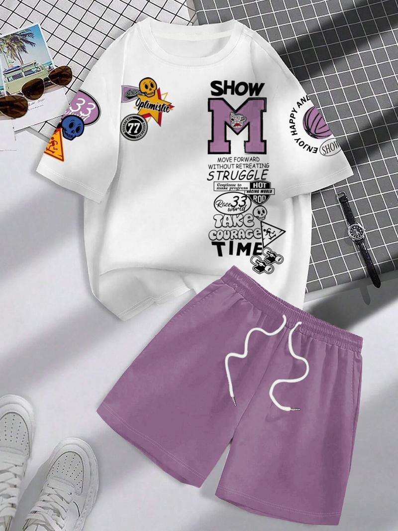 Product Introduction of Men's Letter Print Short Sleeve Tee & Shorts Two-piece Set, Regular Fit Round Neck T-shirt & Track Shorts, Casual Fashion Cozy Breathable Men Two-piece Outfits for All Seasons 4