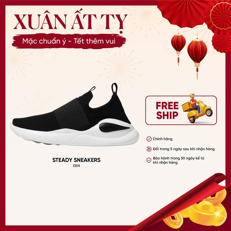 Giày thể thao nam Steady Sneakers không dây - Màu đen - Chất liệu vải len dệt kim với đế cao su đúc nhẹ êm Shoes