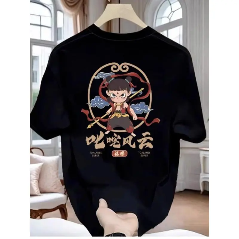 2025 Summer National Trendy Personality Versatile Loose Casual Trend Nezha Print Men's Round Neck Pure Cotton Short Sleeve T-Shirt