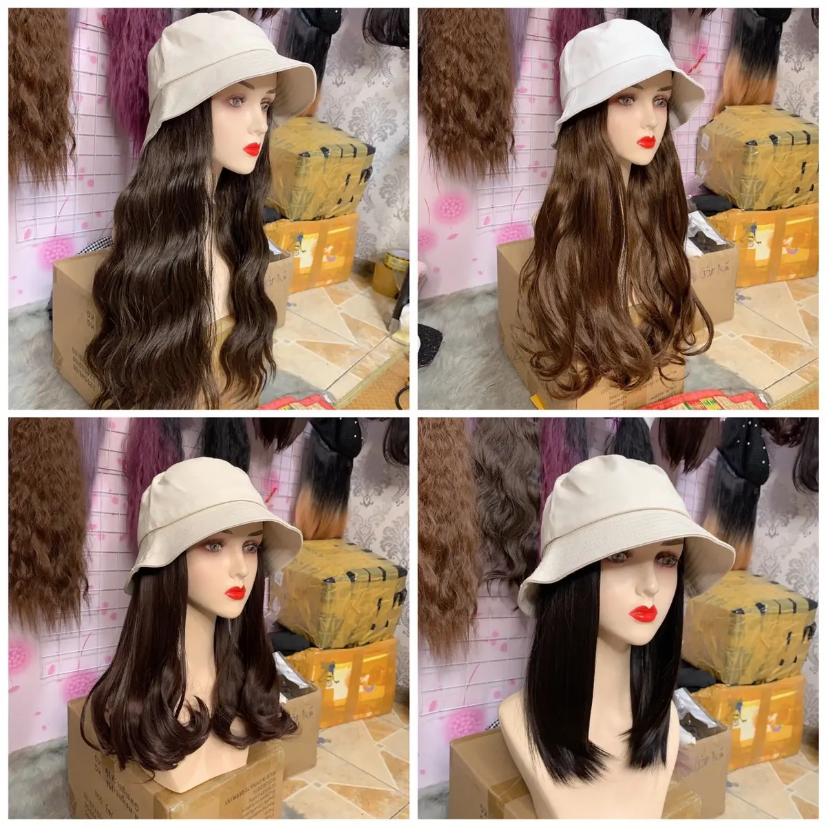 [NHIỀU MẪU] Mũ vành thô trơn gắn tóc giả đủ dáng, tóc siêu mềm tặng kèm lưới chùm