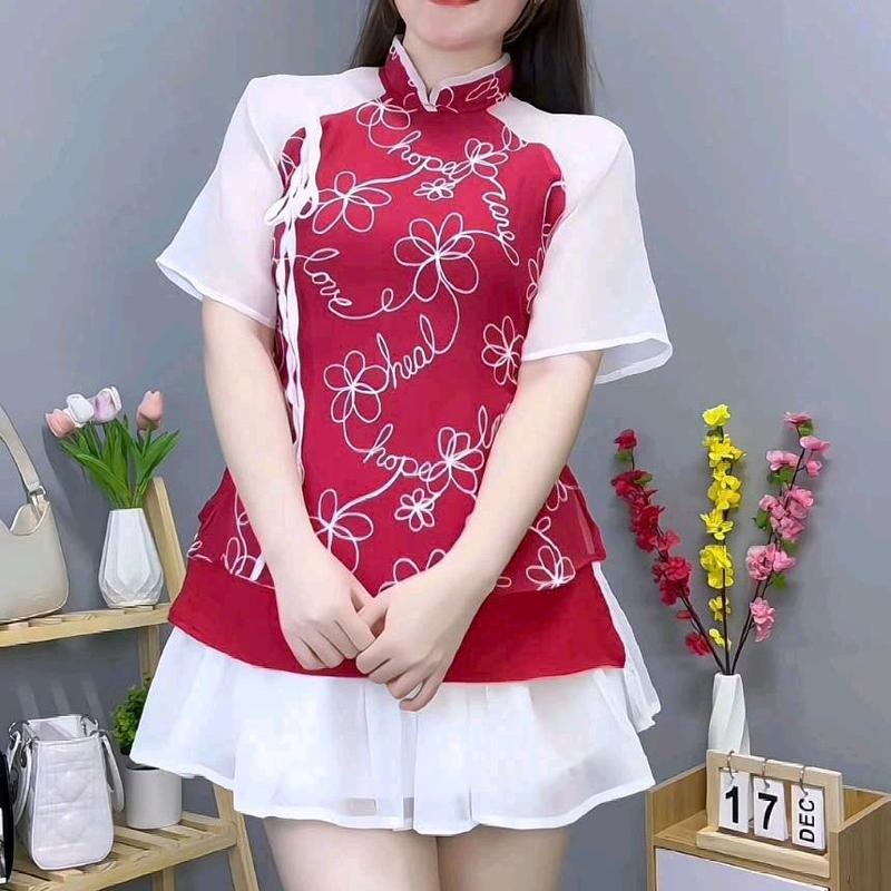 SÉT ÁO DÀI CÁCH TÂN THÊU HOA ĐÍNH NƠ KÈM CHÂN VÁY XÒE TRẺ TRUNG MẶC TẾT SIÊU XINH CÓ 3 MÀU,3 SIZE S,M, Nữ Tre Top tết Women 8