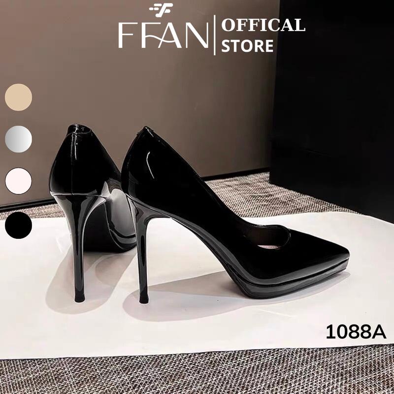 Giày cao gót mũi nhọn đế đúp gót nhọn 10 phân [da bóng mềm mại] 1088A FFAN STORE, bít mũi màu đen be trắng sữa bạc Cao Su Shoes Nữ