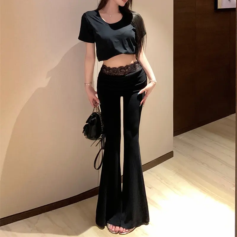Quần Dài Ống Loe, Thời Trang Nữ, Cạp Cao, Viền Ren, Màu Trơn Quần Ống Loe, Quần Đáy Chuông Women Pants Ong Ong