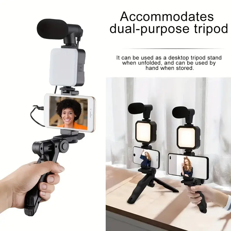 Camera Video Recording Video Blog Kit, Video Blog Kit with Camera & Microphone & Mini Tripod & LED Light & Phone Holder Clip, Suitable for Video Blogging 6