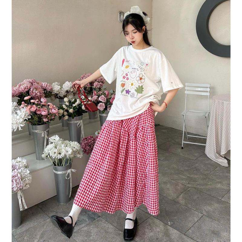 Chân váy chữ A kẻ caro dáng dài, Chân váy midi xòe dễ mix đồ xinh xắn Nữ Quần
