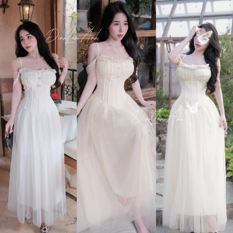 Set áo CONSET ren trễ vai khuy cài nơ chân váy maxi lưới dài sang chảnh dự tiệc (có gọng định hình)   - DinhLanAnhStore