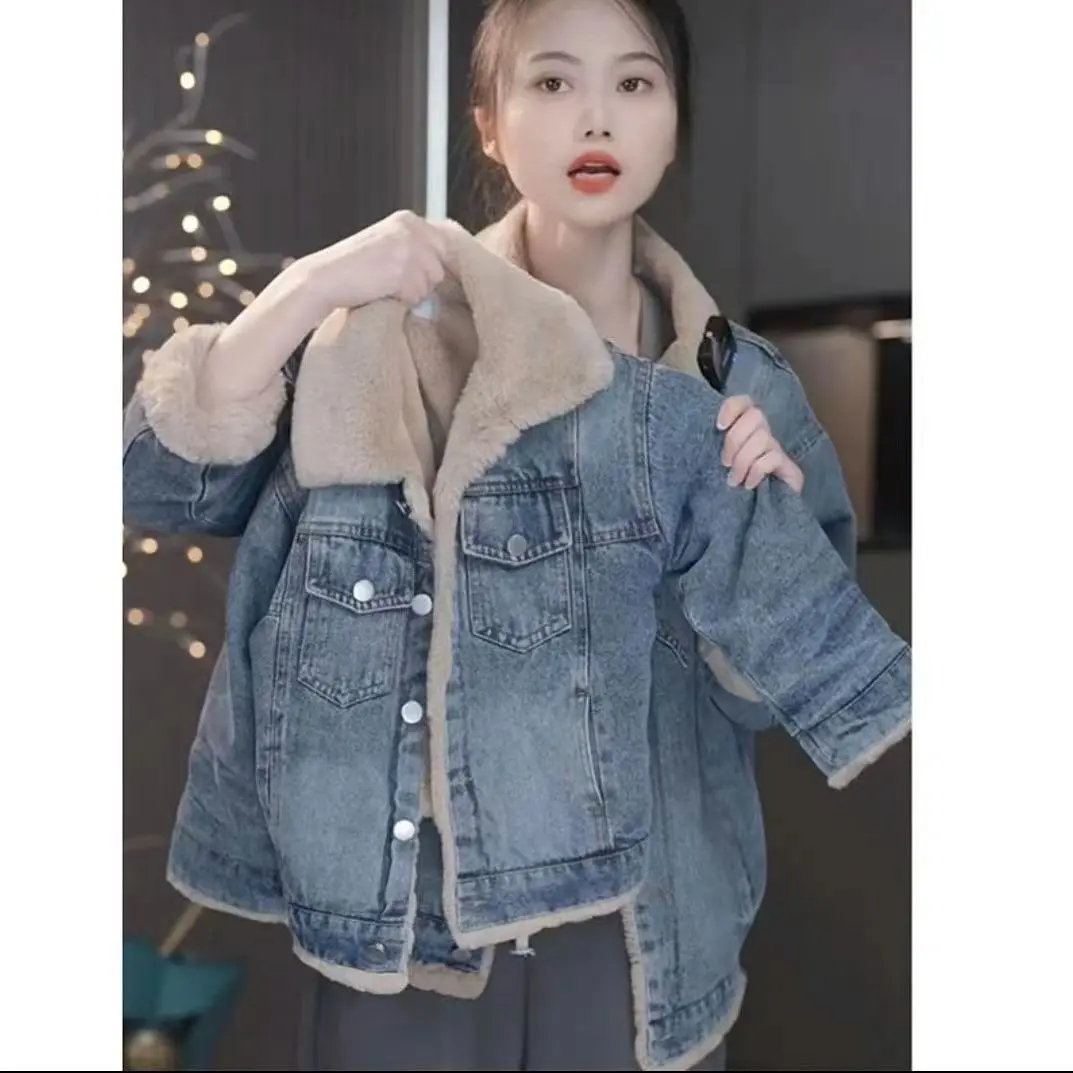 Áo Khoác Jean Cho Bé Gái, Lót Lông Cừu, Dày Dặn, Thích Hợp Cho Mùa Thu Và Mùa Đông, Hàng Mới Về, Dành Cho Trẻ Trung Và Lớn, Thời Trang, Giữ Nhiệt, Thích Hợp Cho Học Sinh Tiểu Học, Phong Cách Hàn Quốc