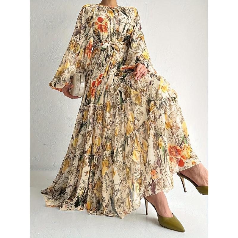 Elegant Floral Print Long Sleeve Kaftan Dress - Casual Polyester Maxi with Tie-Waist Detail, Machine Washable - Perfect for All Seasons 1