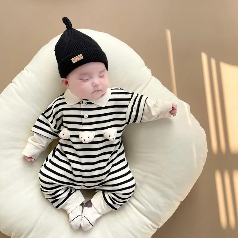 Áo Liền Quần Thân Dài Tay, Cho Em Bé Trai Và Bé Gái, Làm Bằng Bông, Thích Hợp Cho Mùa Xuân Và Mùa Thu, Với Ba Gấu Nhỏ Dễ Thương, Áo Polo Sọc, Phong Cách Hàn Quốc Siêu Dễ Thương, Thích Hợp Cho 0-36 Tháng
