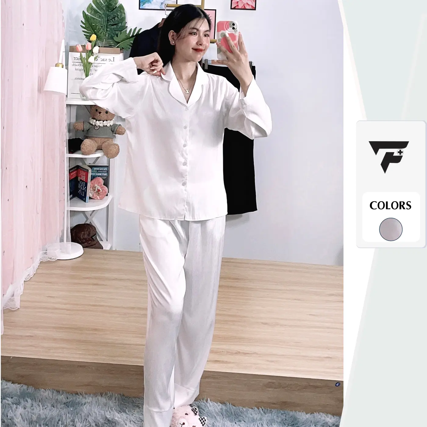 Bộ pijama trơn tơ tằm ÁNH KIM LTT0 mặc nhà mặc ngủ tay dài quần dài