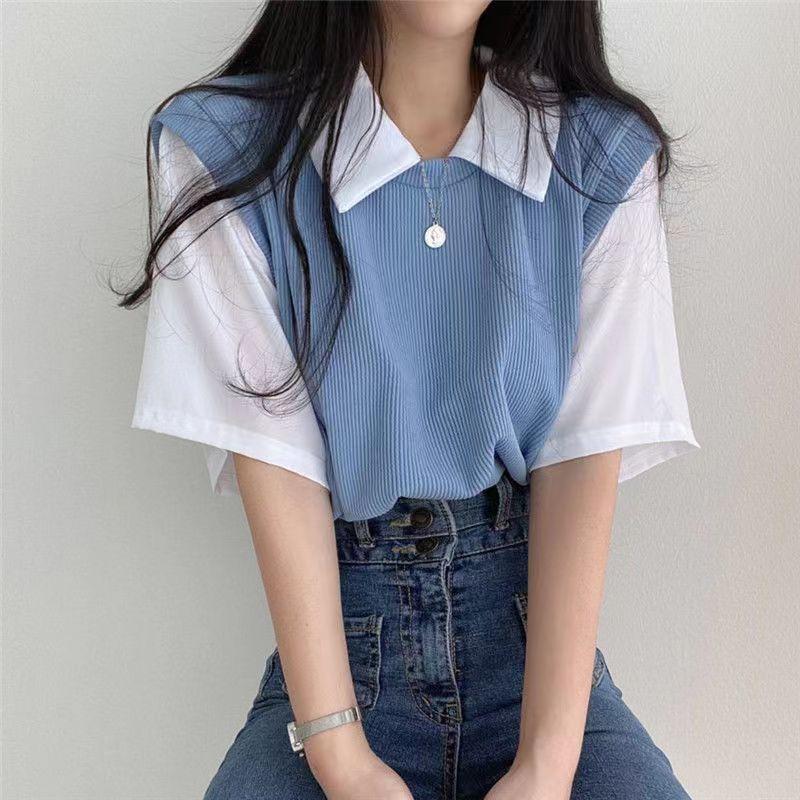 Product Introduction of Áo Phông Ngắn Tay, Phong Cách Preppy, Ve Áo Polo Mùa Hè, Hai Mảnh Giả, Màu Tương Phản, Dáng Rộng Vừa Vặn, Áo dễ phối đồ Đi Chơi Dành Cho Nữ, Phong Cách Ins 10