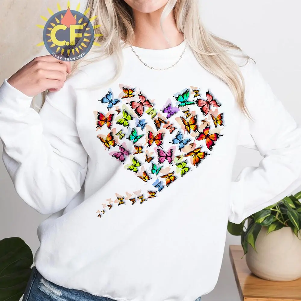 Butterfly Pattern Heart Shaped Iron-on Heat Transfer Vinyl Bundle, 2 Counts/set Diy Heat Transfer Sticker, Heat Press Sticker for T-shirt, Bag, Jacket, Hat