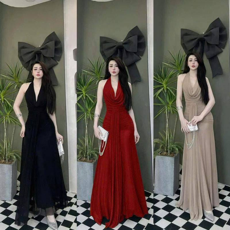 Đầm nhũ dự tiệc cổ đổ hở lưng dáng xòe dài phối tà sang chảnh - thun nhũ RM105 Váy boby , váy body nữ tôn dáng , váy xinh , váy đi tiệc , váy đi biển