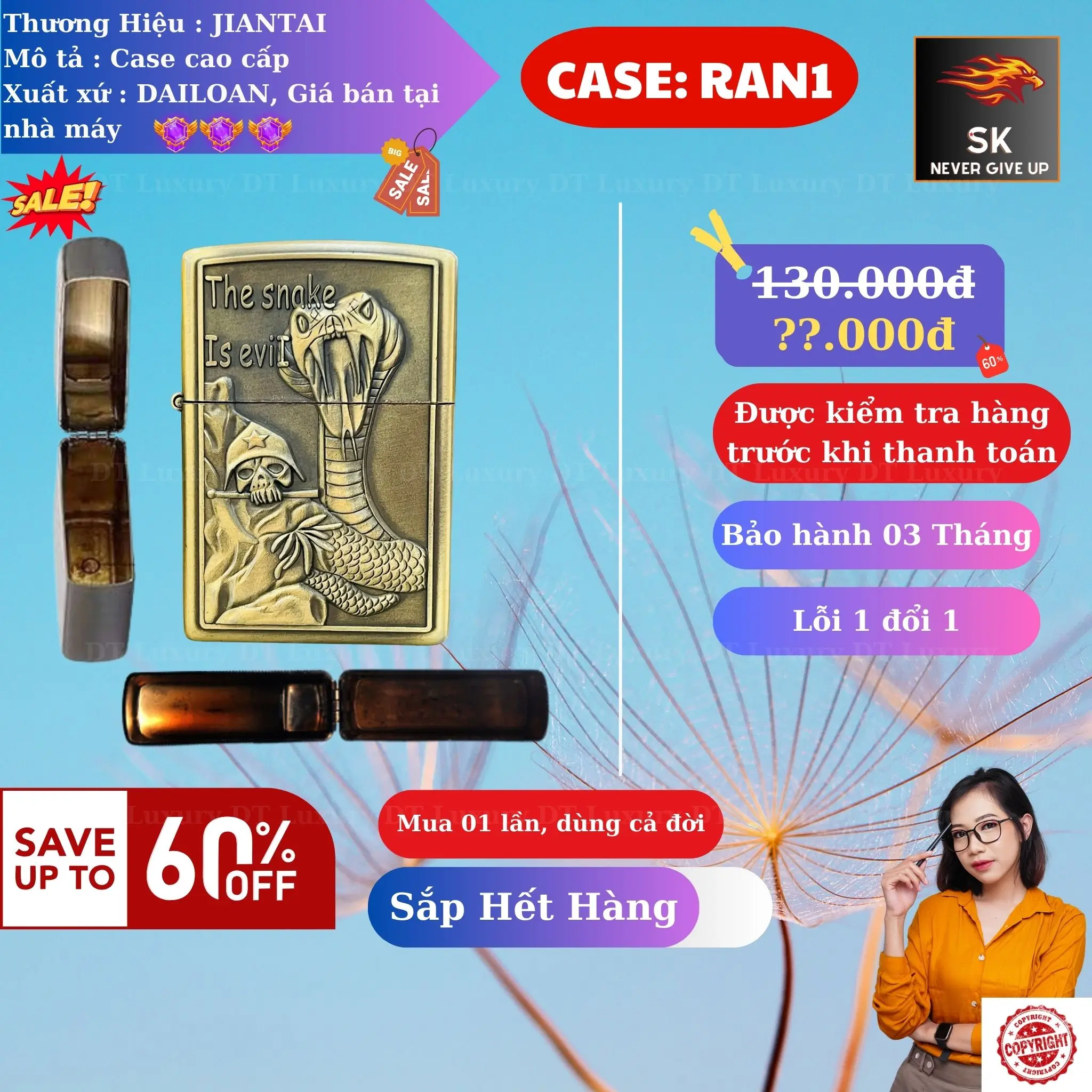 Case Hột quẹt JT (H-00RAN) Chất liệu đồng bạch (Không bao gồm nhiên liệu)