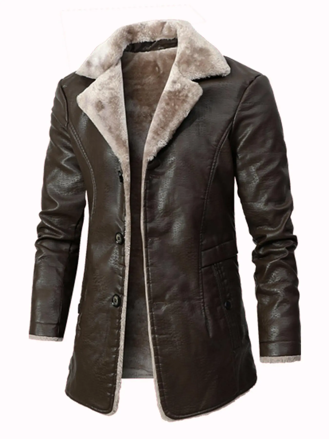 Men's Regular Fit Solid Button Front Lapel Neck Thermal Lined PU Leather Coat, Fashion Casual Warm Pocket Coat for Daily Outdoor Wear, Men Clothing for Fall & Winter
