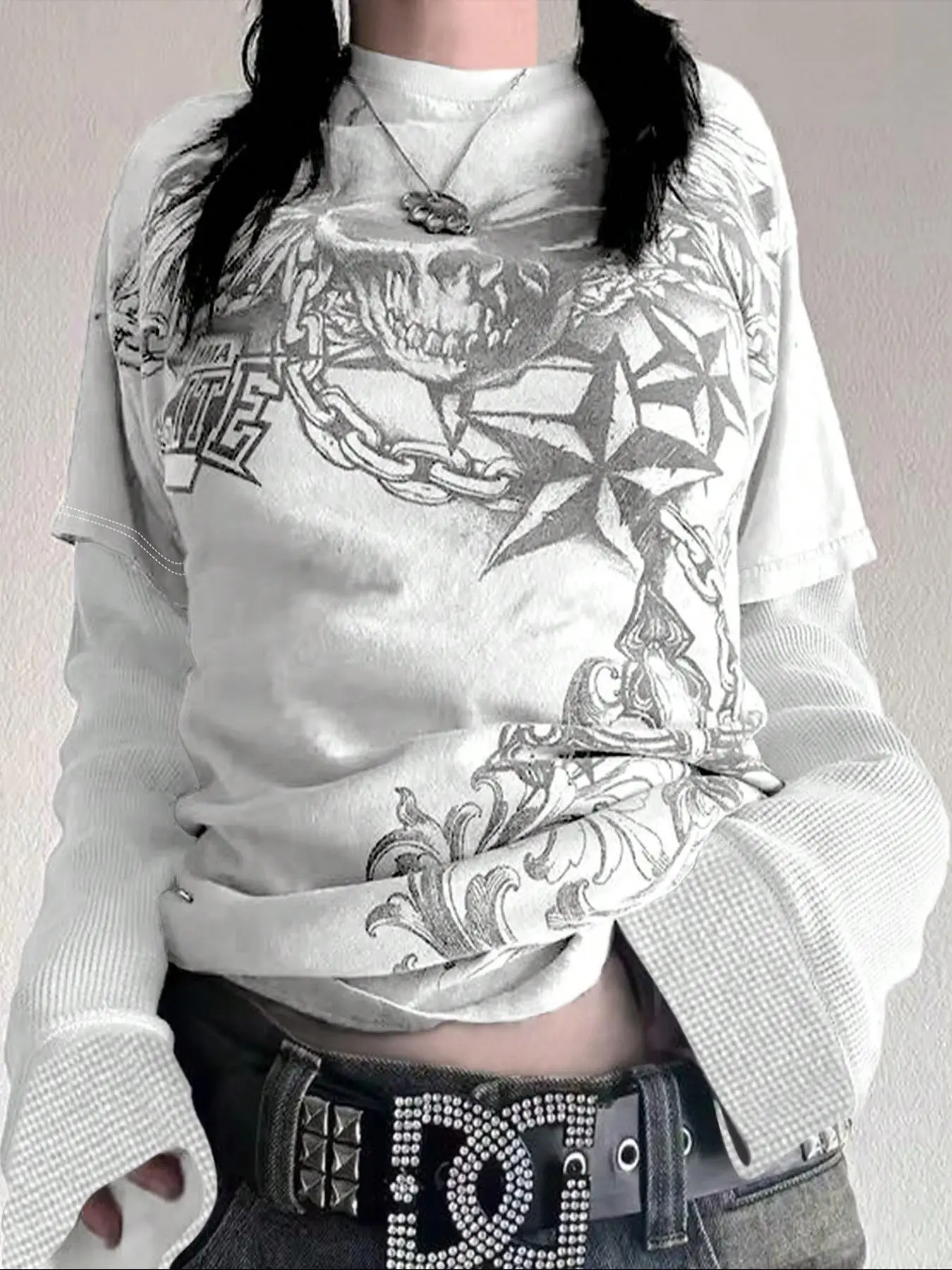 Women's Patchwork Print Round Neck 2-in-1 Tee, Fashion Casual Crew Neck Long Sleeve T-shirt for Daily Holiday Vacation Outdoor Wear, Ladies Clothes for All Seasons