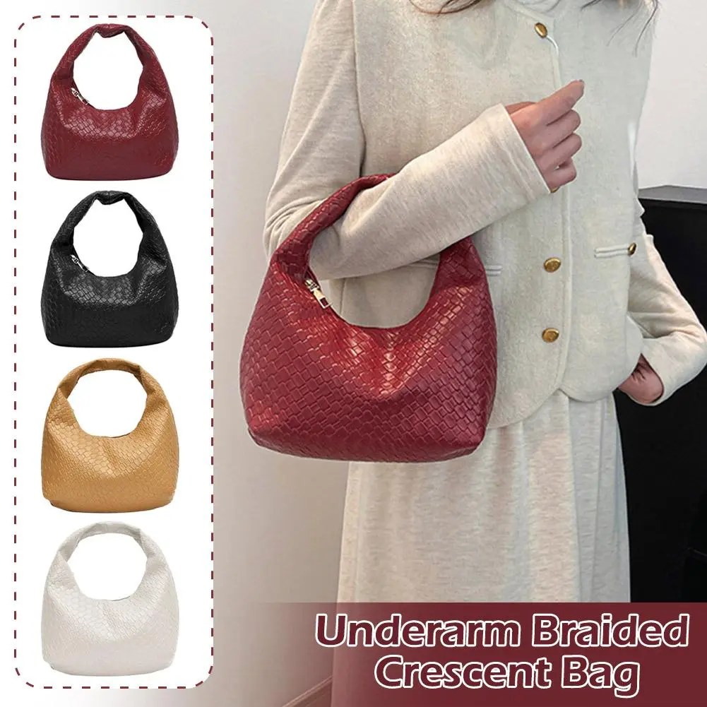 Underarm Pouch Woven Crescent Bag Commuting Shoulder Underarm Bag Women Versatile Handbag Solid Color Simple Crescent Bag