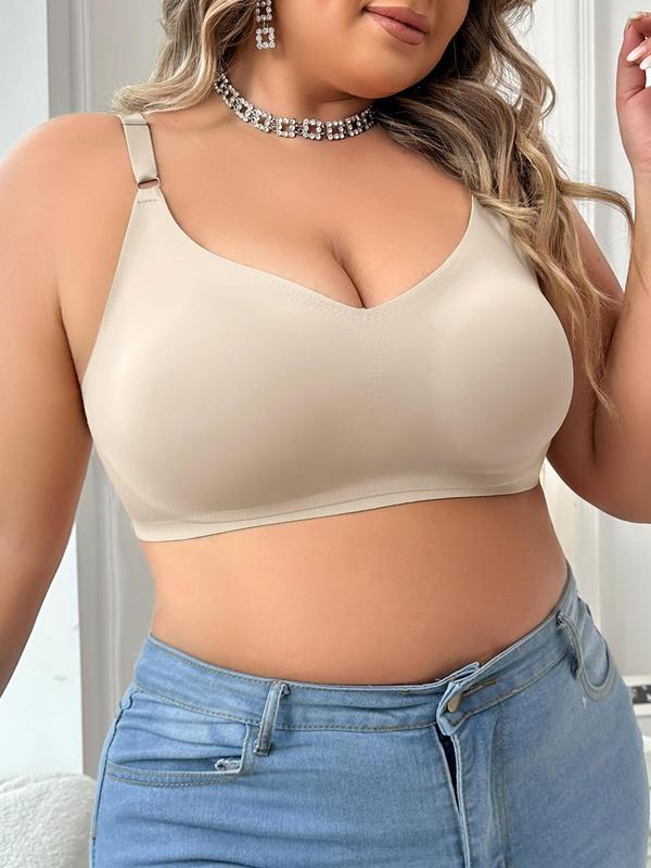【Plus Size】 Solid Adjustable Strap Wireless Push Up Bra, Casual Comfortable Breathable Lingerie Top for Daily Wear, Women's  Underwear for All Seasons 0
