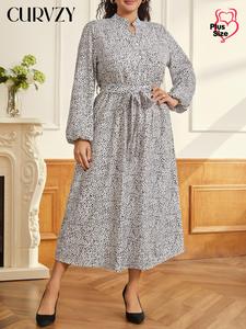 CURVZY Plus Size All Over Print Tie Front Notched Neck Dress, Casual Bishop Sleeve Button Dress for Daily Outdoor Wear, Women Plus Clothing for All Seasons