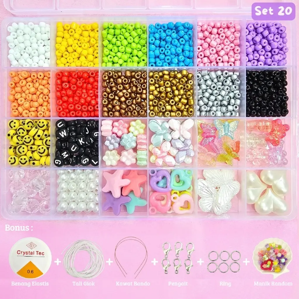 Paket Set DIY Mote DIY Manik Manik Set Aesthetic - 1 Set DIY Manik Manik - Manik Manik 1 Set Kotak Lengkap - (BONUS Benang Elastis + Tali Giok + Manik Random + Pengait Udang + Ring + Kawat Bando) - SM002