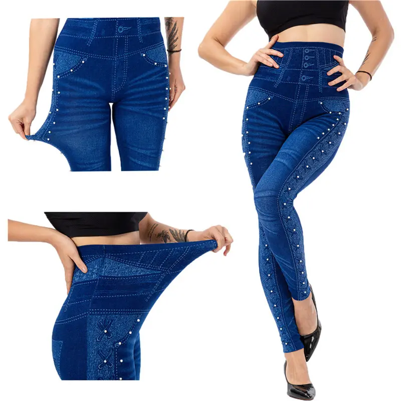 Plus Size 3XL Synthetic Denim Jean Leggings High Waist Slim Elastic Seamless Skinny Pencil Pants Female Workout Running Leggings